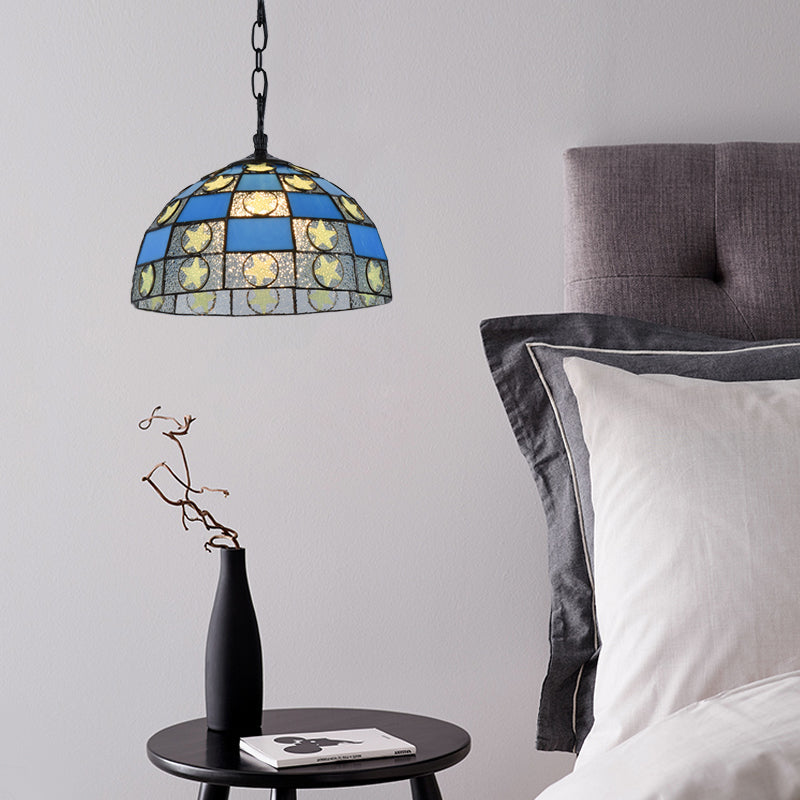 12"/16" Wide Black 1 Light Pendant Lighting Fixture Tiffany-Style Blue Glass Star Hanging Lamp Kit Clearhalo 'Ceiling Lights' 'Industrial' 'Middle Century Pendants' 'Pendant Lights' 'Pendants' 'Tiffany close to ceiling' 'Tiffany Pendants' 'Tiffany' Lighting' 317787
