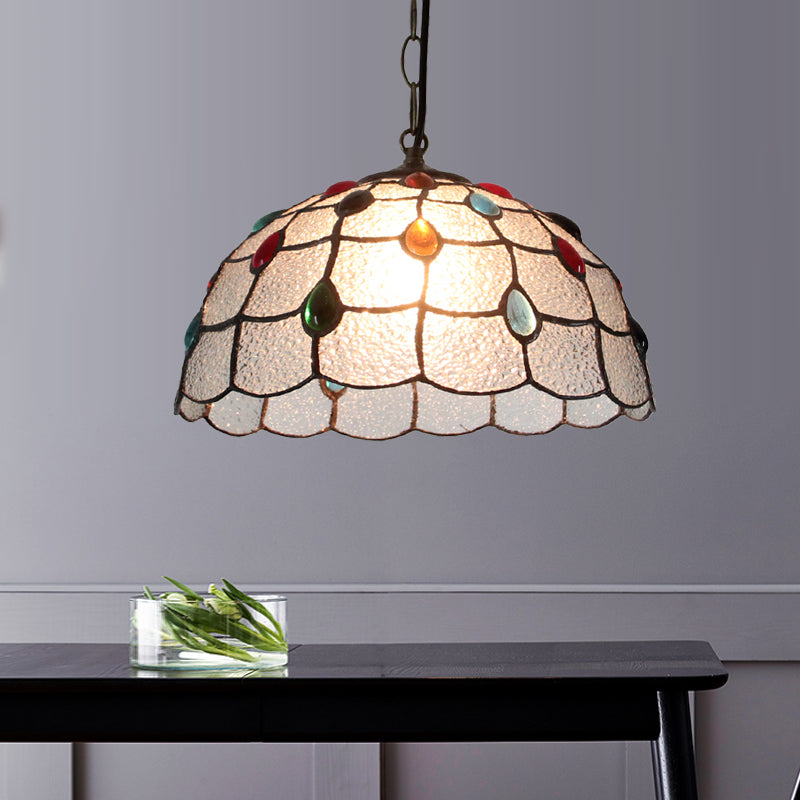 12"/16" Wide 1 Light Pendulum Light Tiffany Beaded Blue/Textured Silver Glass Ceiling Pendant for Dining Room Clearhalo 'Ceiling Lights' 'Industrial' 'Middle Century Pendants' 'Pendant Lights' 'Pendants' 'Tiffany close to ceiling' 'Tiffany Pendants' 'Tiffany' Lighting' 317792