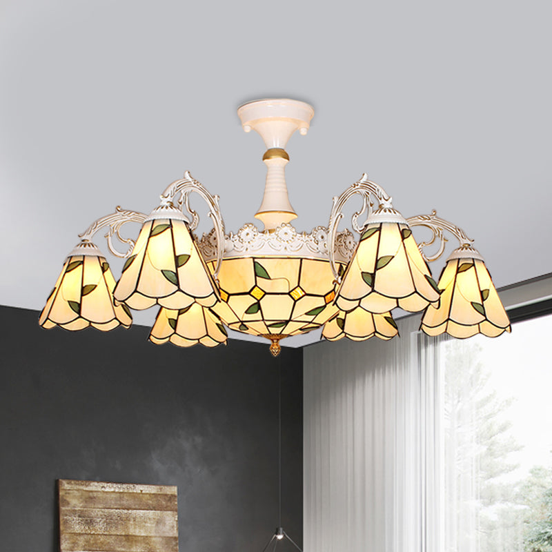 Domed Semi-Flush Ceiling Light Baroque White/Blue/Textured Silver Glass 9 Lights Lighting Fixture for Bedroom Clearhalo 'Ceiling Lights' 'Close To Ceiling Lights' 'Close to ceiling' 'Glass shade' 'Glass' 'Semi-flushmount' 'Tiffany close to ceiling' 'Tiffany' Lighting' 317890