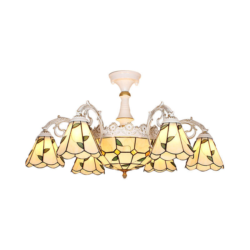 Domed Semi-Flush Ceiling Light Baroque White/Blue/Textured Silver Glass 9 Lights Lighting Fixture for Bedroom Clearhalo 'Ceiling Lights' 'Close To Ceiling Lights' 'Close to ceiling' 'Glass shade' 'Glass' 'Semi-flushmount' 'Tiffany close to ceiling' 'Tiffany' Lighting' 317892