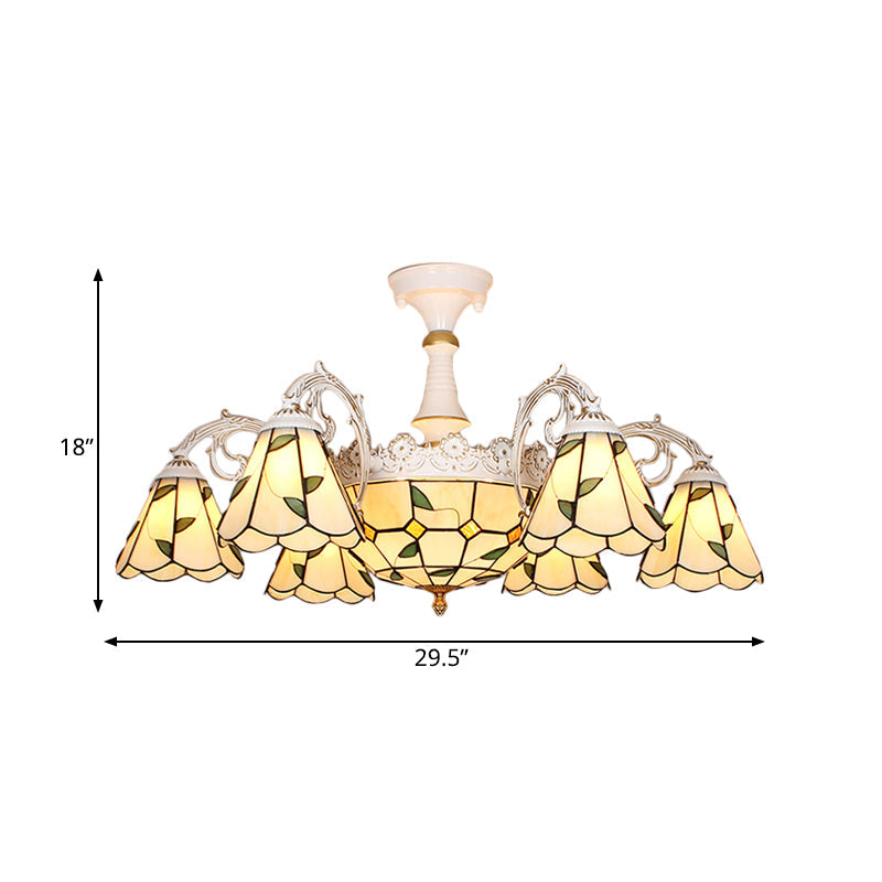 Domed Semi-Flush Ceiling Light Baroque White/Blue/Textured Silver Glass 9 Lights Lighting Fixture for Bedroom Clearhalo 'Ceiling Lights' 'Close To Ceiling Lights' 'Close to ceiling' 'Glass shade' 'Glass' 'Semi-flushmount' 'Tiffany close to ceiling' 'Tiffany' Lighting' 317893