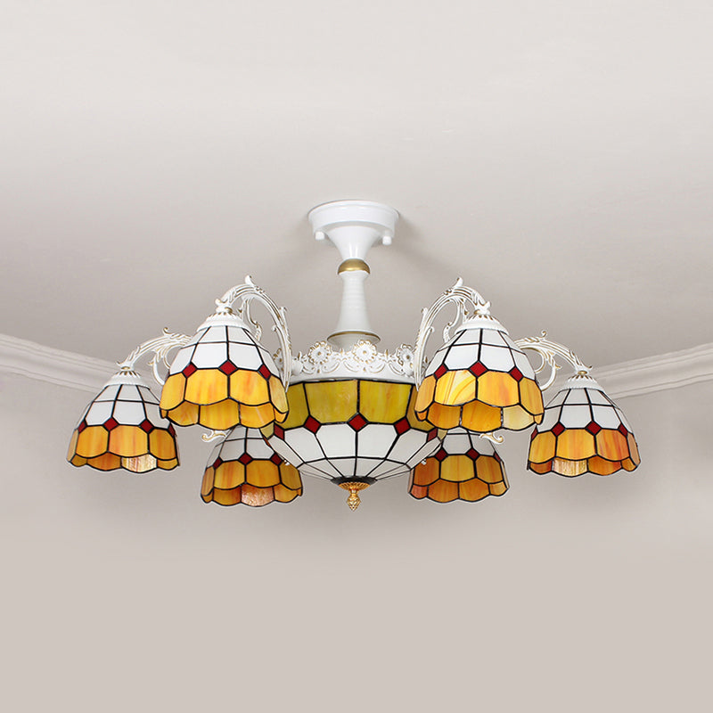 9 Lights Semi Flush Baroque Grid Patterned Blue/Orange/Light Blue Cut Glass Ceiling Light for Living Room Clearhalo 'Ceiling Lights' 'Chandeliers' 'Close To Ceiling Lights' 'Close to ceiling' 'Glass shade' 'Glass' 'Semi-flushmount' Lighting' 317904