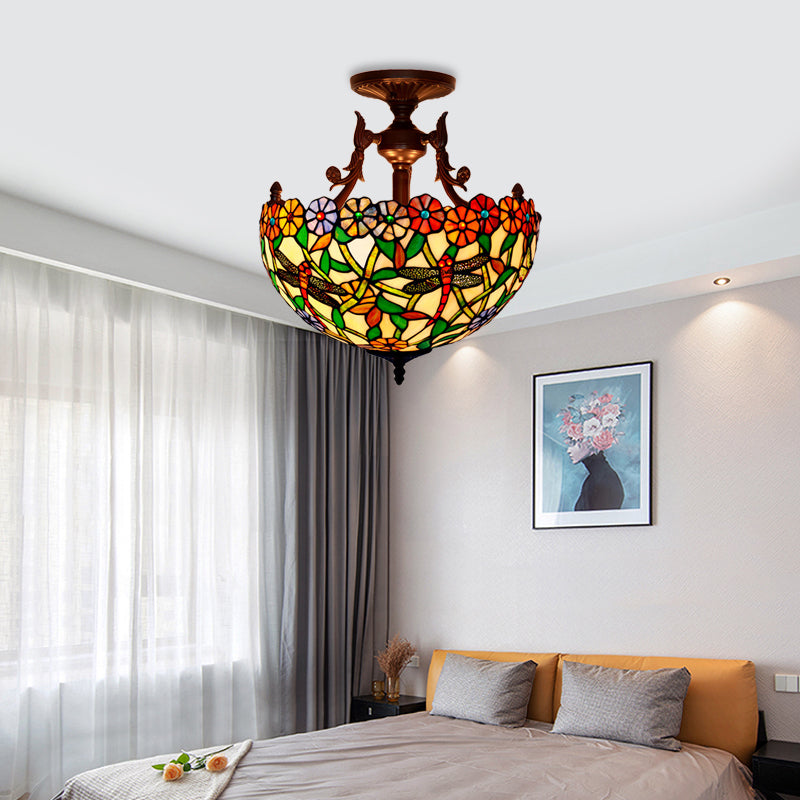 Bronze 3 Lights Semi Flush Light Mediterranean Beige/Red/Yellow Glass Domed Shade Ceiling Lighting for Living Room Green Clearhalo 'Ceiling Lights' 'Chandeliers' 'Close To Ceiling Lights' 'Close to ceiling' 'Glass shade' 'Glass' 'Semi-flushmount' 'Tiffany close to ceiling' 'Tiffany' Lighting' 318255