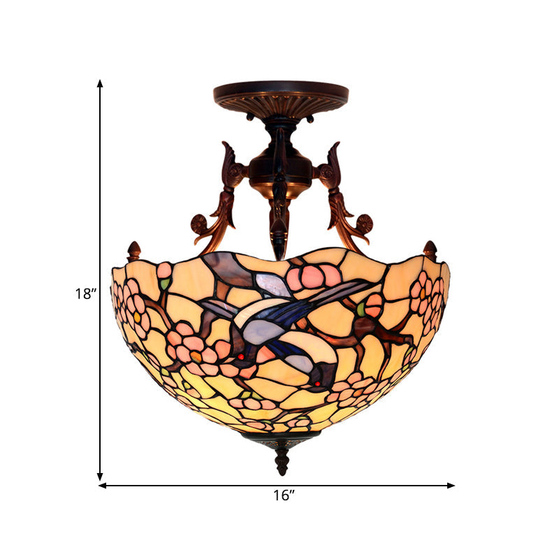 Bronze 3 Lights Semi Flush Light Mediterranean Beige/Red/Yellow Glass Domed Shade Ceiling Lighting for Living Room Clearhalo 'Ceiling Lights' 'Chandeliers' 'Close To Ceiling Lights' 'Close to ceiling' 'Glass shade' 'Glass' 'Semi-flushmount' 'Tiffany close to ceiling' 'Tiffany' Lighting' 318262
