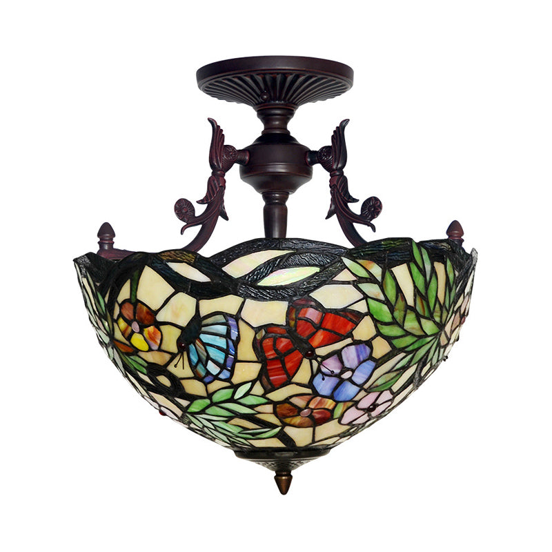 Bronze 3 Lights Semi Flush Light Mediterranean Beige/Red/Yellow Glass Domed Shade Ceiling Lighting for Living Room Clearhalo 'Ceiling Lights' 'Chandeliers' 'Close To Ceiling Lights' 'Close to ceiling' 'Glass shade' 'Glass' 'Semi-flushmount' 'Tiffany close to ceiling' 'Tiffany' Lighting' 318264