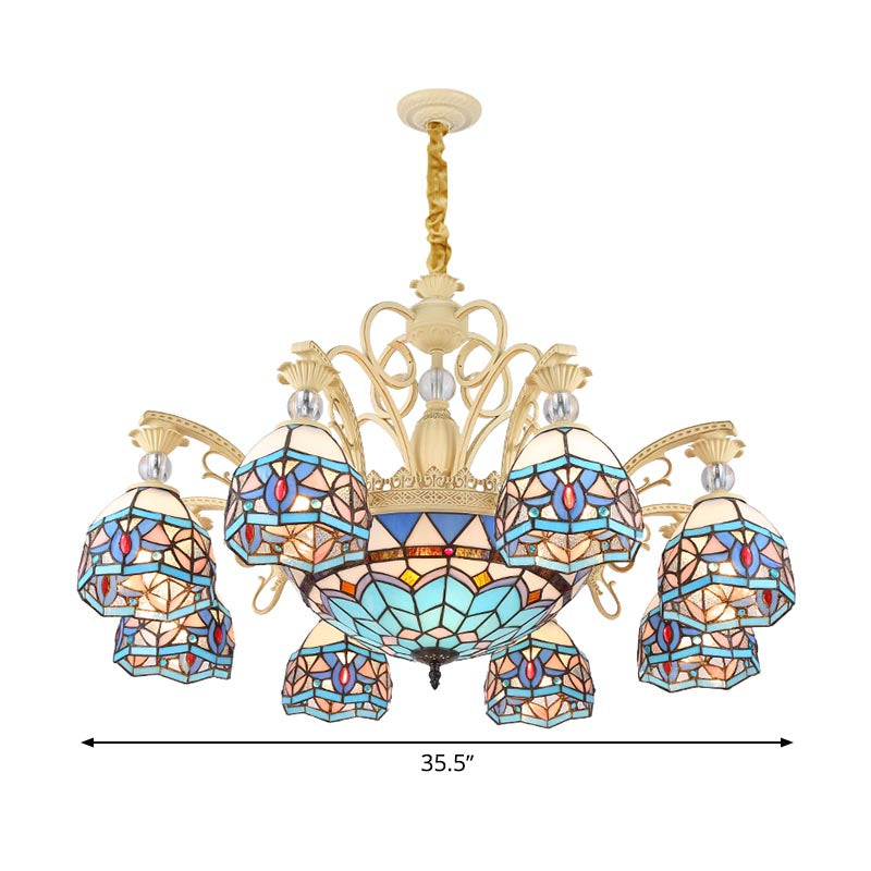 Blue 6/9/11 Lights Chandelier Light Victorian Cut Glass Domed Shade Suspension Pendant for Living Room Clearhalo 'Ceiling Lights' 'Chandeliers' 'Industrial' 'Middle Century Chandeliers' 'Tiffany Chandeliers' 'Tiffany close to ceiling' 'Tiffany' Lighting' 318391