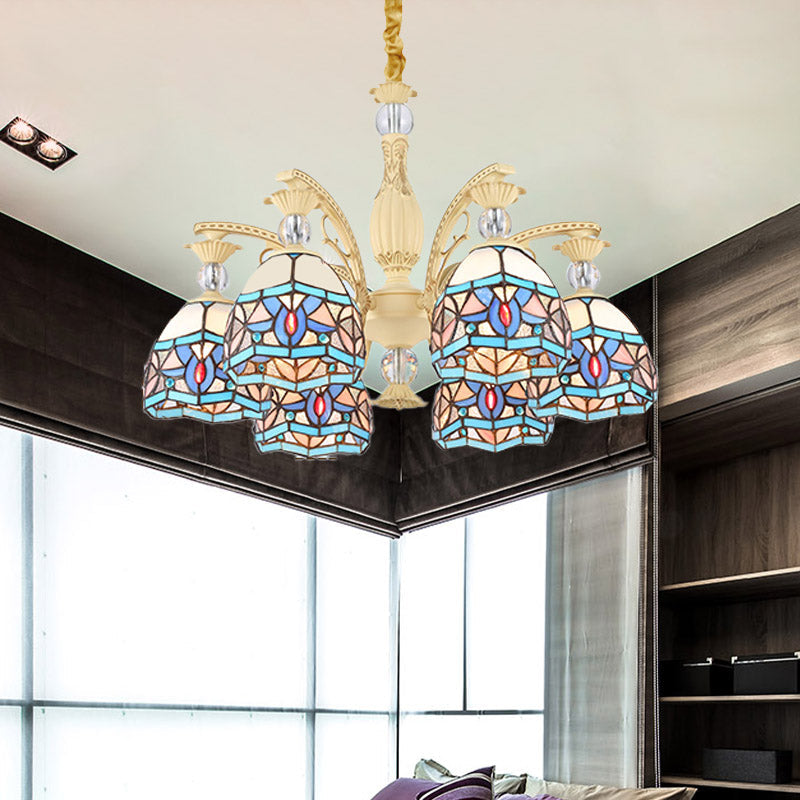 Blue 6/9/11 Lights Chandelier Light Victorian Cut Glass Domed Shade Suspension Pendant for Living Room Clearhalo 'Ceiling Lights' 'Chandeliers' 'Industrial' 'Middle Century Chandeliers' 'Tiffany Chandeliers' 'Tiffany close to ceiling' 'Tiffany' Lighting' 318397