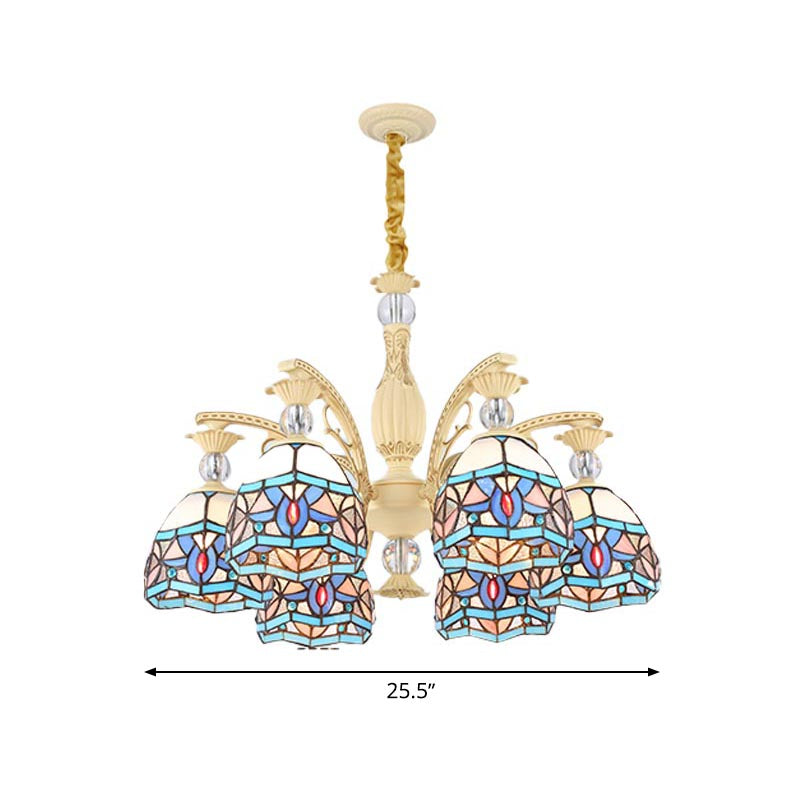 Blue 6/9/11 Lights Chandelier Light Victorian Cut Glass Domed Shade Suspension Pendant for Living Room Clearhalo 'Ceiling Lights' 'Chandeliers' 'Industrial' 'Middle Century Chandeliers' 'Tiffany Chandeliers' 'Tiffany close to ceiling' 'Tiffany' Lighting' 318399