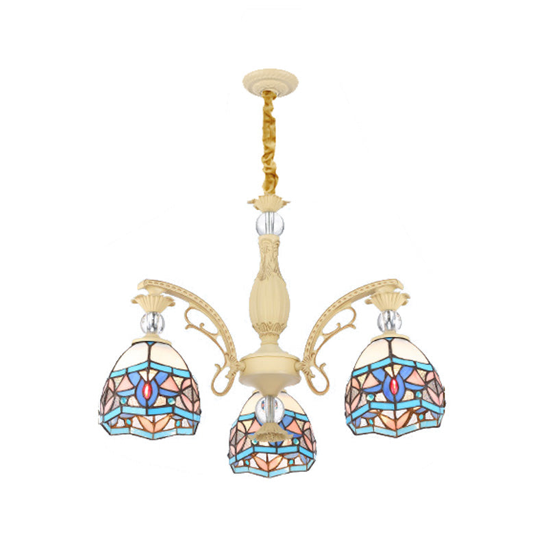 Blue 6/9/11 Lights Chandelier Light Victorian Cut Glass Domed Shade Suspension Pendant for Living Room 3 Blue Clearhalo 'Ceiling Lights' 'Chandeliers' 'Industrial' 'Middle Century Chandeliers' 'Tiffany Chandeliers' 'Tiffany close to ceiling' 'Tiffany' Lighting' 318402