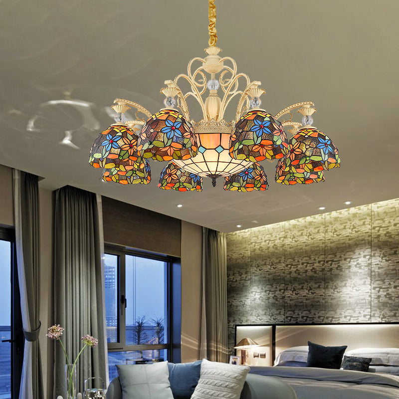 Mediterranean Floral Chandelier Lighting 6/9/11 Lights Stained Art Glass Pendant Light Kit in Orange Clearhalo 'Ceiling Lights' 'Chandeliers' 'Industrial' 'Middle Century Chandeliers' 'Tiffany Chandeliers' 'Tiffany close to ceiling' 'Tiffany' Lighting' 318411