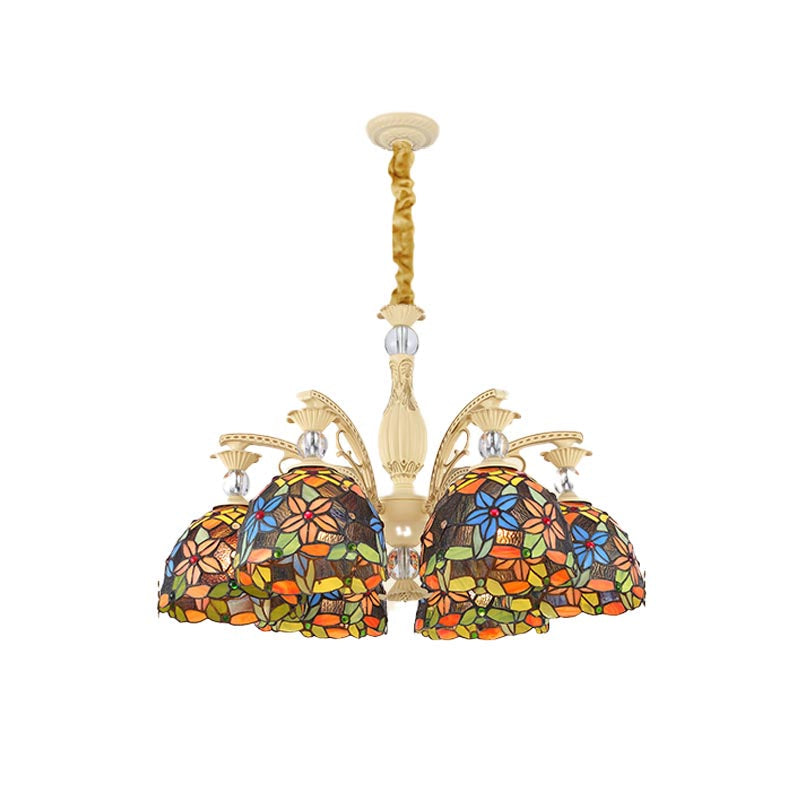 Mediterranean Floral Chandelier Lighting 6/9/11 Lights Stained Art Glass Pendant Light Kit in Orange Clearhalo 'Ceiling Lights' 'Chandeliers' 'Industrial' 'Middle Century Chandeliers' 'Tiffany Chandeliers' 'Tiffany close to ceiling' 'Tiffany' Lighting' 318420