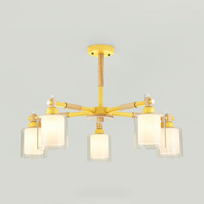 Simple Style Cylinder Hanging Pendant Fixture 5 Bulbs Metal and Bulbs Hanging Lights for Kid Bedroom Yellow Clearhalo 'Ceiling Lights' 'Chandeliers' 'Glass shade' 'Glass' Lighting' 32044