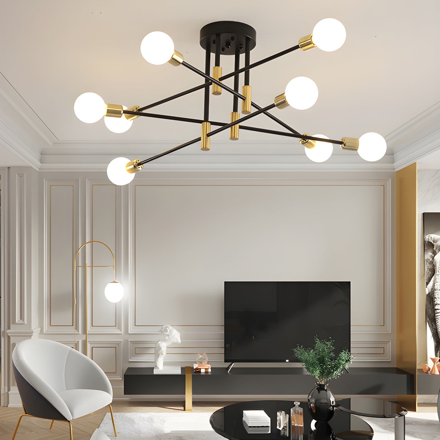 Black and Gold Semi Flush Mount in Industrial Creative Style Wrought Iron Radial Ceiling Light