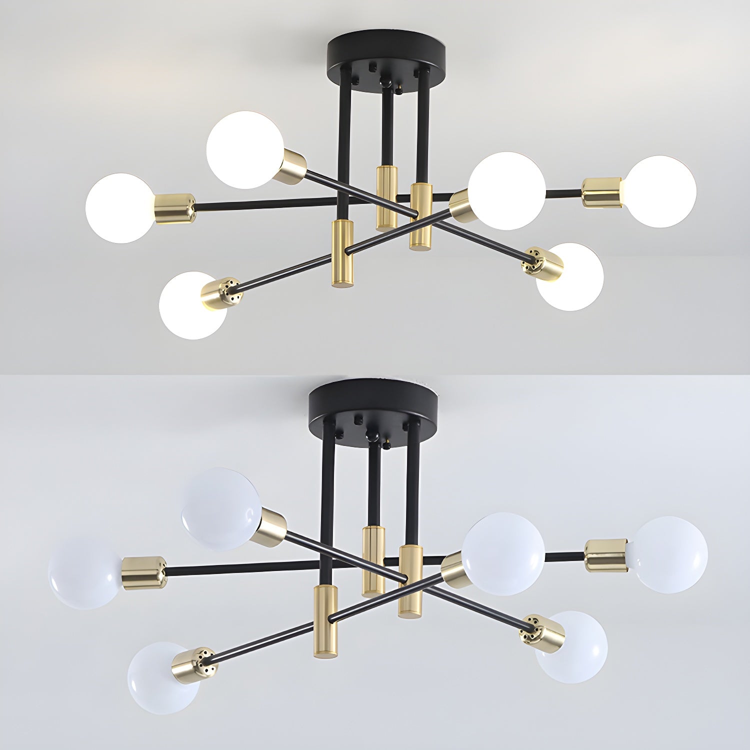 Black and Gold Semi Flush Mount in Industrial Creative Style Wrought Iron Radial Ceiling Light