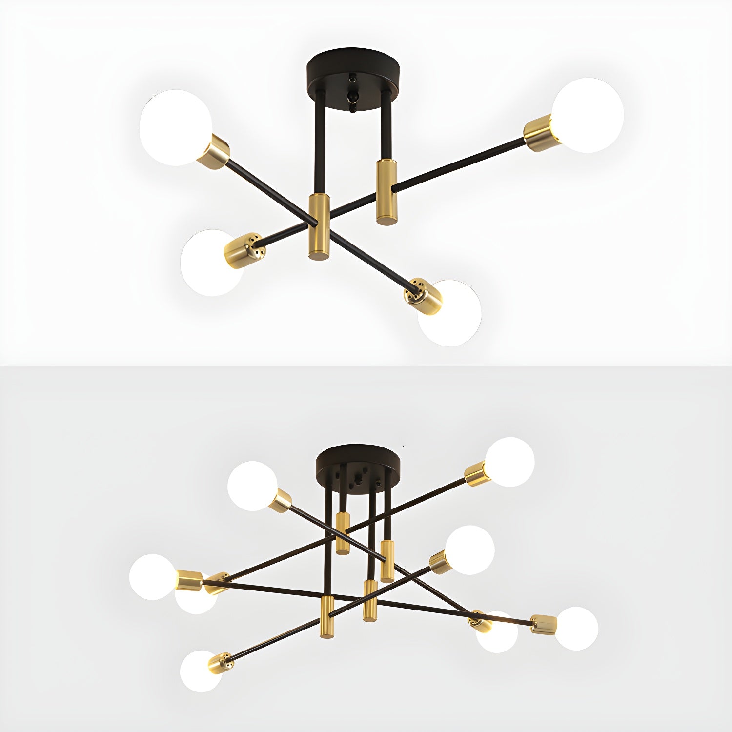 Black and Gold Semi Flush Mount in Industrial Creative Style Wrought Iron Radial Ceiling Light