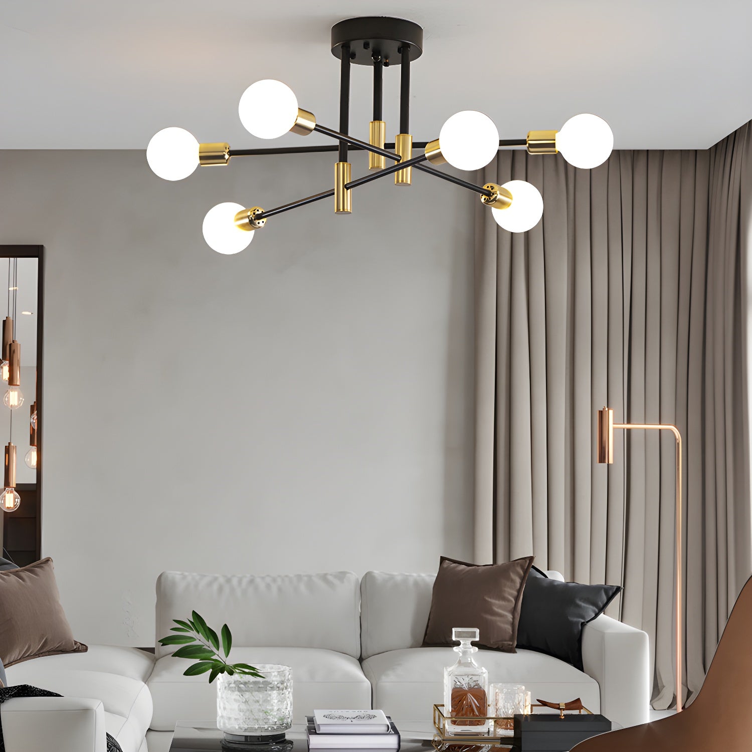 Black and Gold Semi Flush Mount in Industrial Creative Style Wrought Iron Radial Ceiling Light