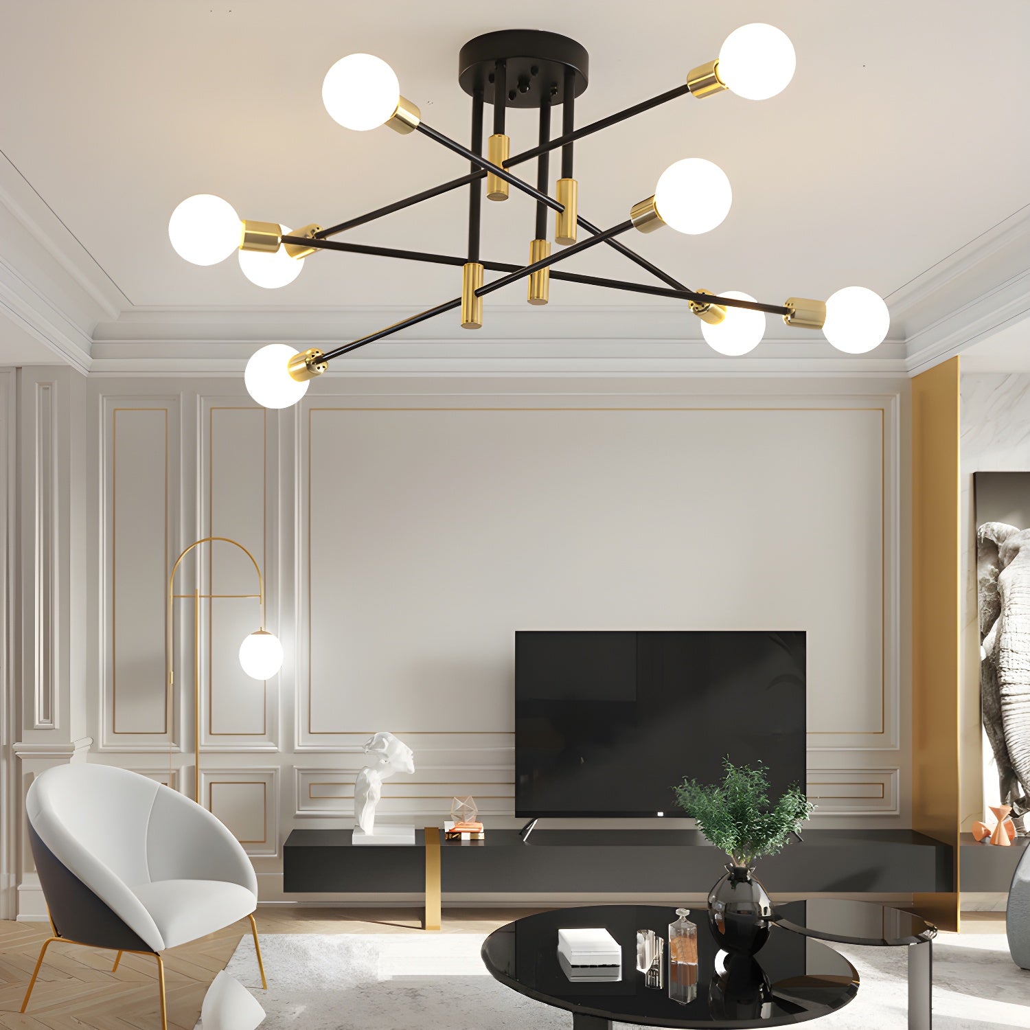 Black and Gold Semi Flush Mount in Industrial Creative Style Wrought Iron Radial Ceiling Light