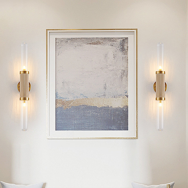 Contemporary 2 Heads Sconce Gold Tubular Wall Mounted Light Fixture with Fluted Glass Shade Clearhalo 'Cast Iron' 'Glass' 'Industrial' 'Modern wall lights' 'Modern' 'Tiffany' 'Traditional wall lights' 'Wall Lamps & Sconces' 'Wall Lights' Lighting' 324208