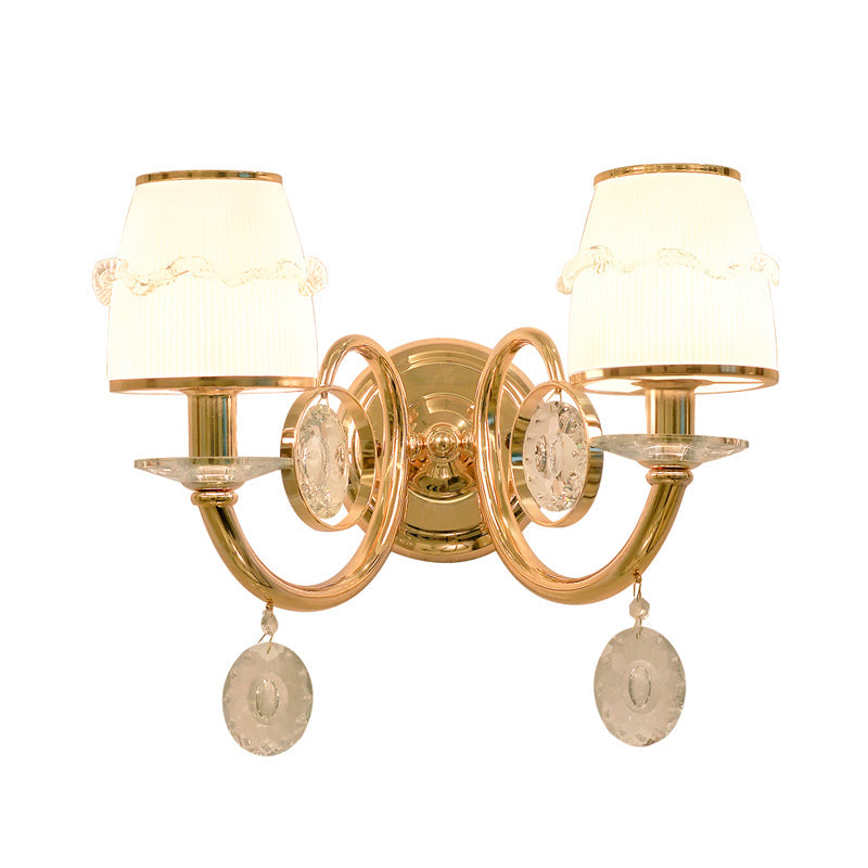 1/2 Bulbs Frosted Glass Sconce Traditionalist Gold Barrel Living Room Wall Mounted Light with Clear Crystal Drop Clearhalo 'Wall Lamps & Sconces' 'Wall Lights' Lighting' 324460