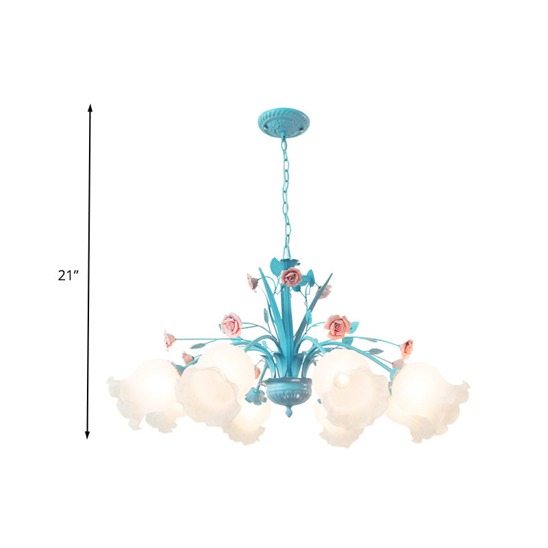 Floral White Glass Chandelier Light Countryside 8 Bulbs Living Room Pendant Lamp in Blue Clearhalo 'Ceiling Lights' 'Chandeliers' 'Glass shade' 'Glass' 'Island Lights' Lighting' 324594