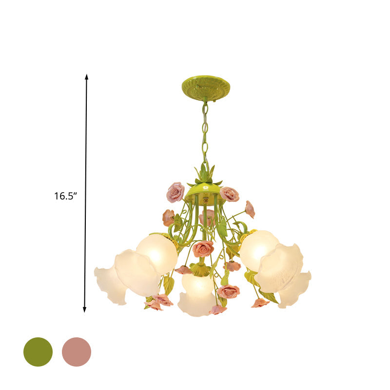 Pink/Green 5 Heads Chandelier Lighting Traditionalism Opal Glass Blossom Pendant Ceiling Light for Living Room Clearhalo 'Ceiling Lights' 'Chandeliers' 'Glass shade' 'Glass' Lighting' 324624
