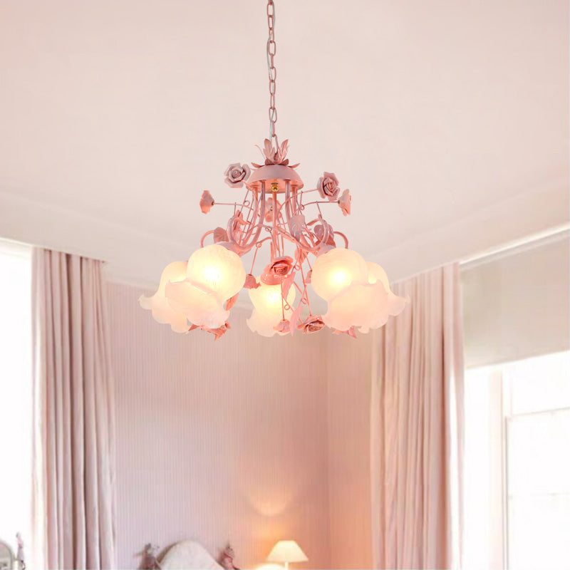 Pink/Green 5 Heads Chandelier Lighting Traditionalism Opal Glass Blossom Pendant Ceiling Light for Living Room Clearhalo 'Ceiling Lights' 'Chandeliers' 'Glass shade' 'Glass' Lighting' 324626