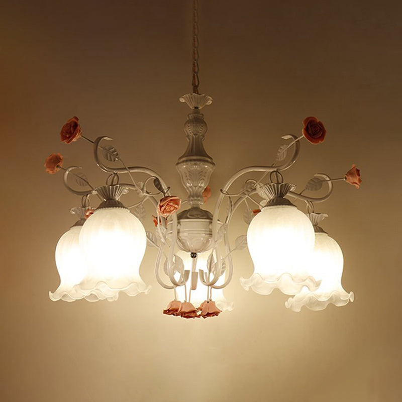 5 Bulbs Sandblasted Glass Chandelier Traditionalism White/Green Floral Bedroom Pendant Lighting Fixture Clearhalo 'Ceiling Lights' 'Chandeliers' 'Glass shade' 'Glass' Lighting' 324655