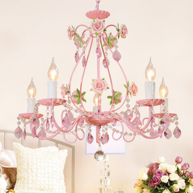 Crystal Pink Pendant Chandelier Candelabra 3/5/8 Lights Traditional Ceiling Hang Fixture for Living Room Clearhalo 'Ceiling Lights' 'Chandeliers' Lighting' options 324714