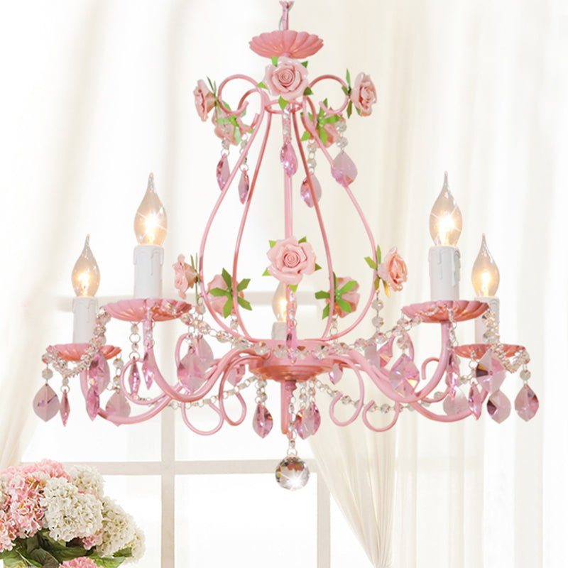 Crystal Pink Pendant Chandelier Candelabra 3/5/8 Lights Traditional Ceiling Hang Fixture for Living Room Clearhalo 'Ceiling Lights' 'Chandeliers' Lighting' options 324715