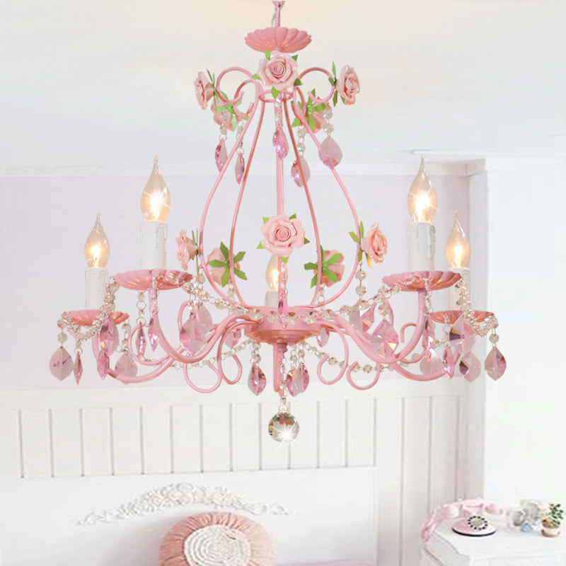 Crystal Pink Pendant Chandelier Candelabra 3/5/8 Lights Traditional Ceiling Hang Fixture for Living Room Clearhalo 'Ceiling Lights' 'Chandeliers' Lighting' options 324716