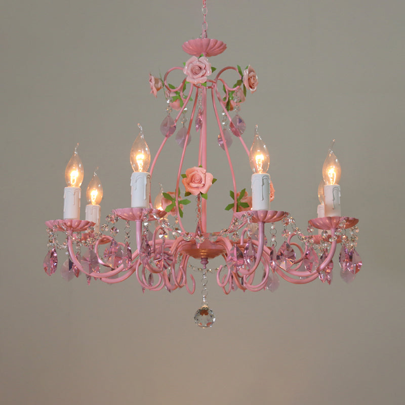 Crystal Pink Pendant Chandelier Candelabra 3/5/8 Lights Traditional Ceiling Hang Fixture for Living Room Clearhalo 'Ceiling Lights' 'Chandeliers' Lighting' options 324720