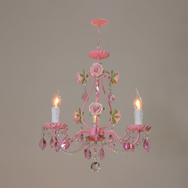 Crystal Pink Pendant Chandelier Candelabra 3/5/8 Lights Traditional Ceiling Hang Fixture for Living Room Clearhalo 'Ceiling Lights' 'Chandeliers' Lighting' options 324723