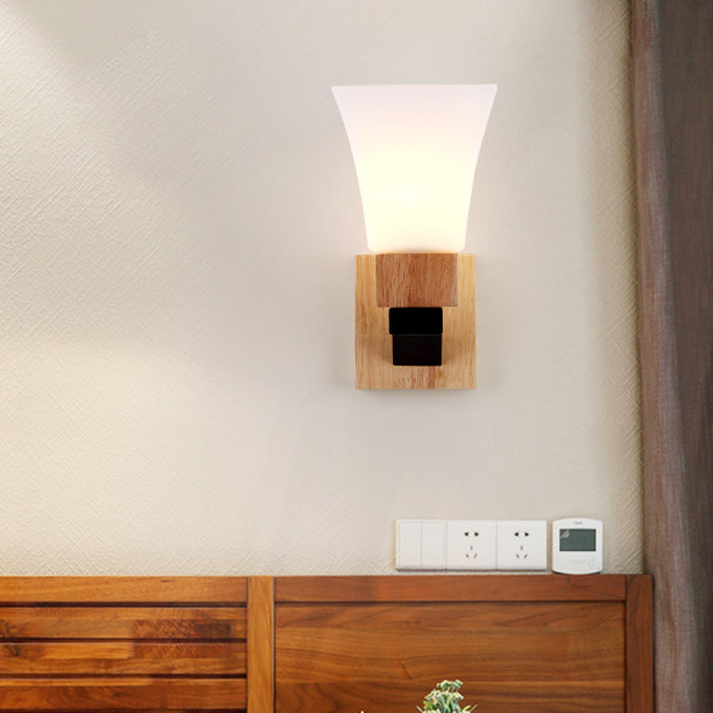 1 Head Wide Flare Sconce Light Contemporary White Glass Wall Mounted Lighting in Wood Wood Clearhalo 'Wall Lamps & Sconces' 'Wall Lights' Lighting' 324985
