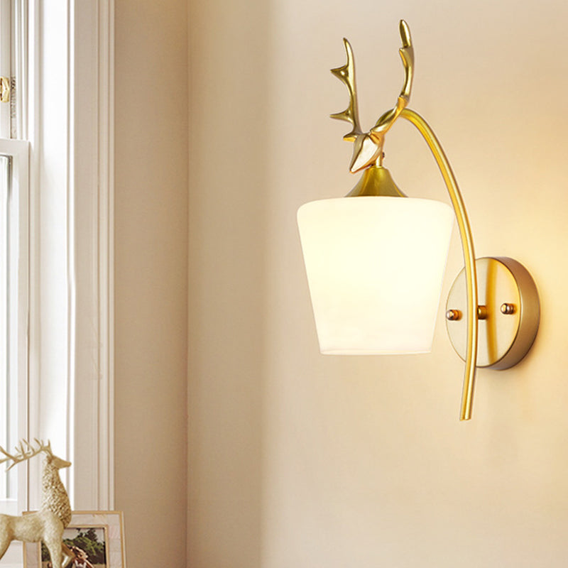 Conical Sconce Modern Opal Glass 1 Head Gold Wall Mount Light Fixture with Metal Elk Clearhalo 'Cast Iron' 'Glass' 'Industrial' 'Modern wall lights' 'Modern' 'Tiffany' 'Traditional wall lights' 'Wall Lamps & Sconces' 'Wall Lights' Lighting' 325062