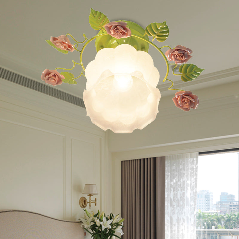 Green 1 Head Semi Flush Light Traditionalism Sandblasted Glass Rose Ceiling Fixture for Living Room Clearhalo 'Ceiling Lights' 'Close To Ceiling Lights' 'Close to ceiling' 'Glass shade' 'Glass' 'Semi-flushmount' Lighting' 325101