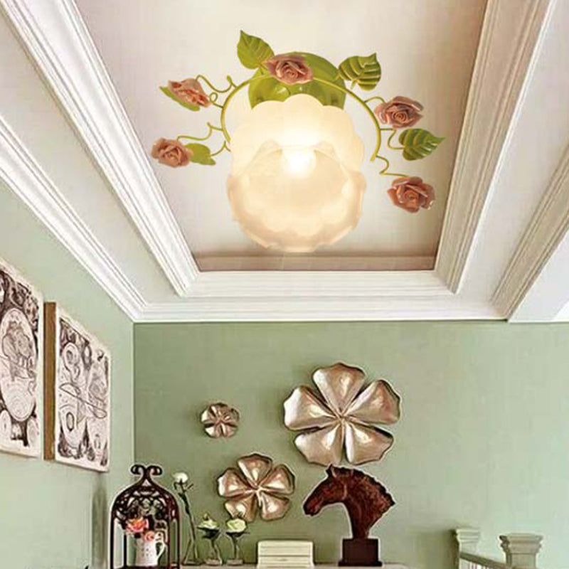 Green 1 Head Semi Flush Light Traditionalism Sandblasted Glass Rose Ceiling Fixture for Living Room Clearhalo 'Ceiling Lights' 'Close To Ceiling Lights' 'Close to ceiling' 'Glass shade' 'Glass' 'Semi-flushmount' Lighting' 325102