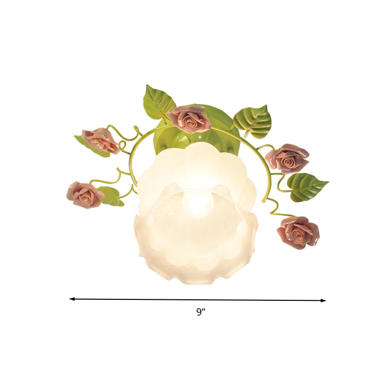 Green 1 Head Semi Flush Light Traditionalism Sandblasted Glass Rose Ceiling Fixture for Living Room Clearhalo 'Ceiling Lights' 'Close To Ceiling Lights' 'Close to ceiling' 'Glass shade' 'Glass' 'Semi-flushmount' Lighting' 325104