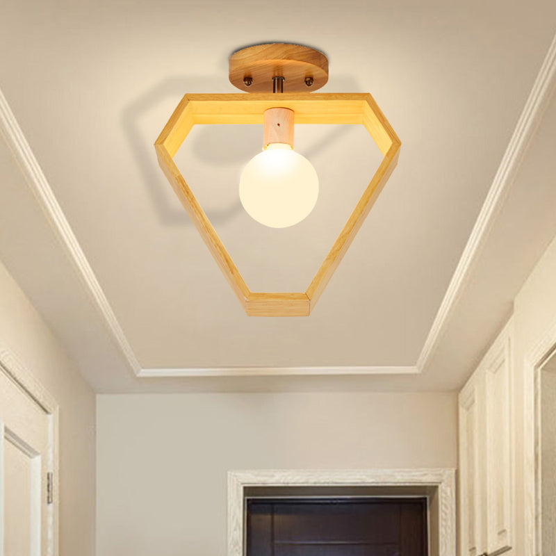 Triangle/Square/Pentagon Semi Flush Mount Light with White Glass Modern 1 Head Ceiling Mounted Fixture in Wood Clearhalo 'Ceiling Lights' 'Close To Ceiling Lights' 'Close to ceiling' 'Flush mount' Lighting' 325403