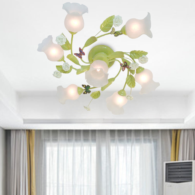 Green 7 Lights Semi Flush Light Pastoral Frosted Glass Floral Ceiling Mount Chandelier for Bedroom Green Clearhalo 'Ceiling Lights' 'Close To Ceiling Lights' 'Close to ceiling' 'Glass shade' 'Glass' 'Semi-flushmount' Lighting' 325412