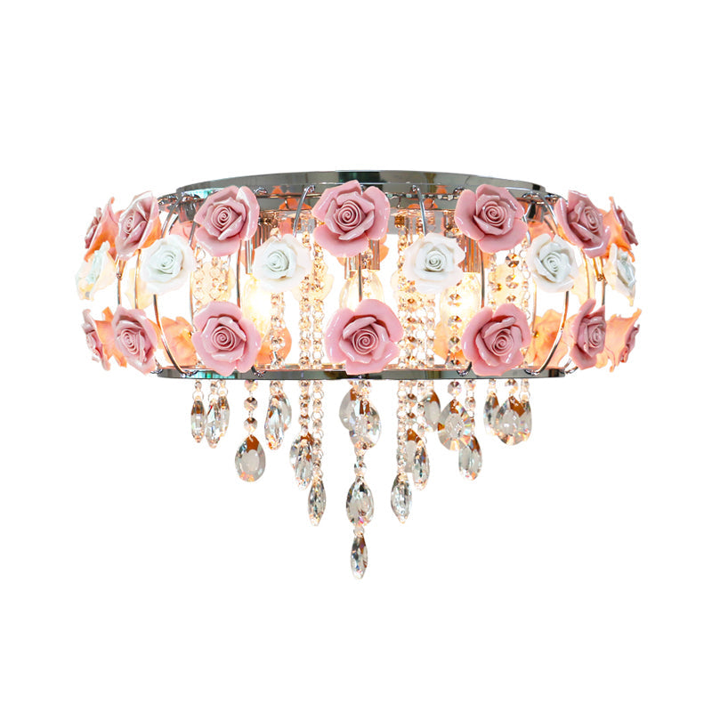 Drum Crystal Ceiling Mounted Fixture Traditional 6/8 Bulbs Living Room Flush Mount Lamp in Pink Clearhalo 'Ceiling Lights' 'Close To Ceiling Lights' 'Close to ceiling' 'Flush mount' Lighting' 325535