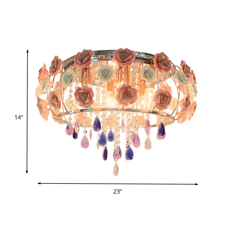 Drum Bedroom Flush Mount Light Traditional Clear K9 Crystal 6/8 Bulbs Pink Close to Ceiling Lamp Clearhalo 'Ceiling Lights' 'Close To Ceiling Lights' 'Close to ceiling' 'Flush mount' Lighting' 325550