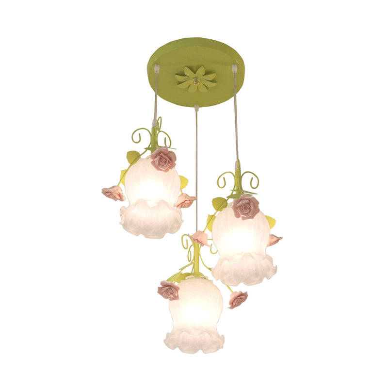 Flower Restaurant Cluster Pendant Light Countryside Opal Glass 3 Heads White/Green Hanging Lamp Clearhalo 'Ceiling Lights' 'Glass shade' 'Glass' 'Pendant Lights' 'Pendants' Lighting' 325583