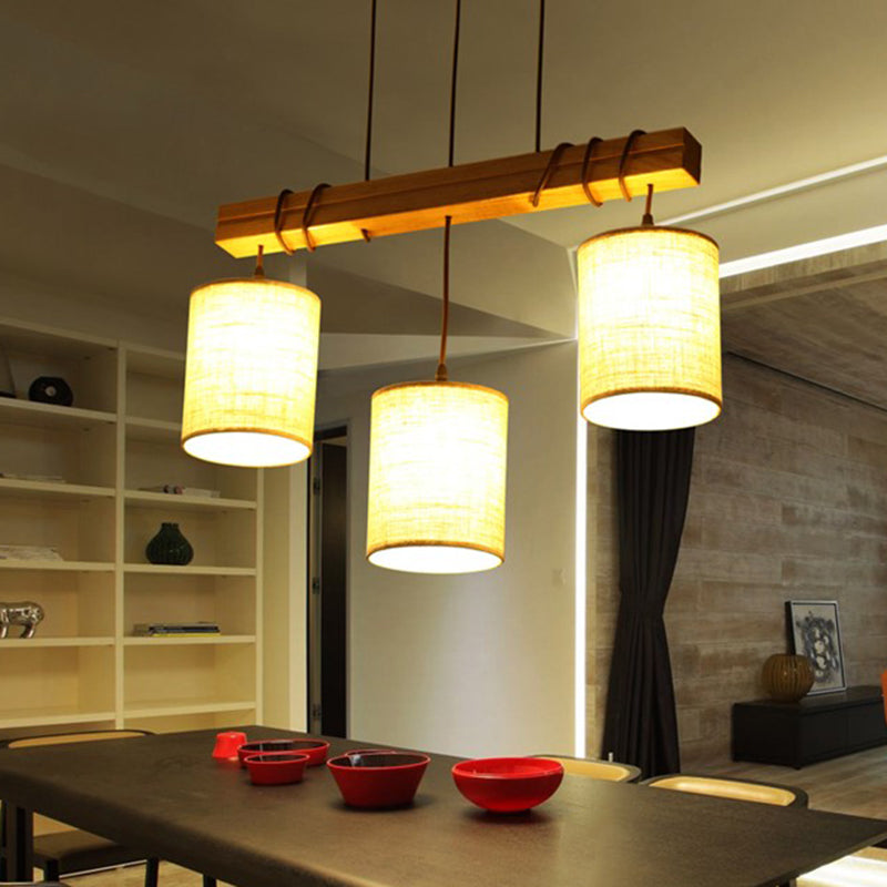 Fabric Wood Island Pendant Barrel 2/3 Lights Traditional Hanging Light Kit for Dining Room 3 Wood Clearhalo 'Ceiling Lights' 'Island Lights' Lighting' 325740