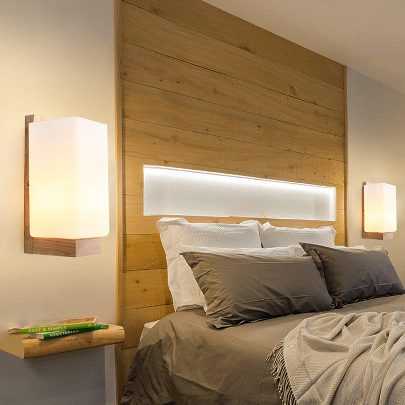 1 Head Stairway Wall Lamp Japanese Wood Sconce Light Fixture with Rectangular Milk Glass Shade Clearhalo 'Wall Lamps & Sconces' 'Wall Lights' Lighting' 325798