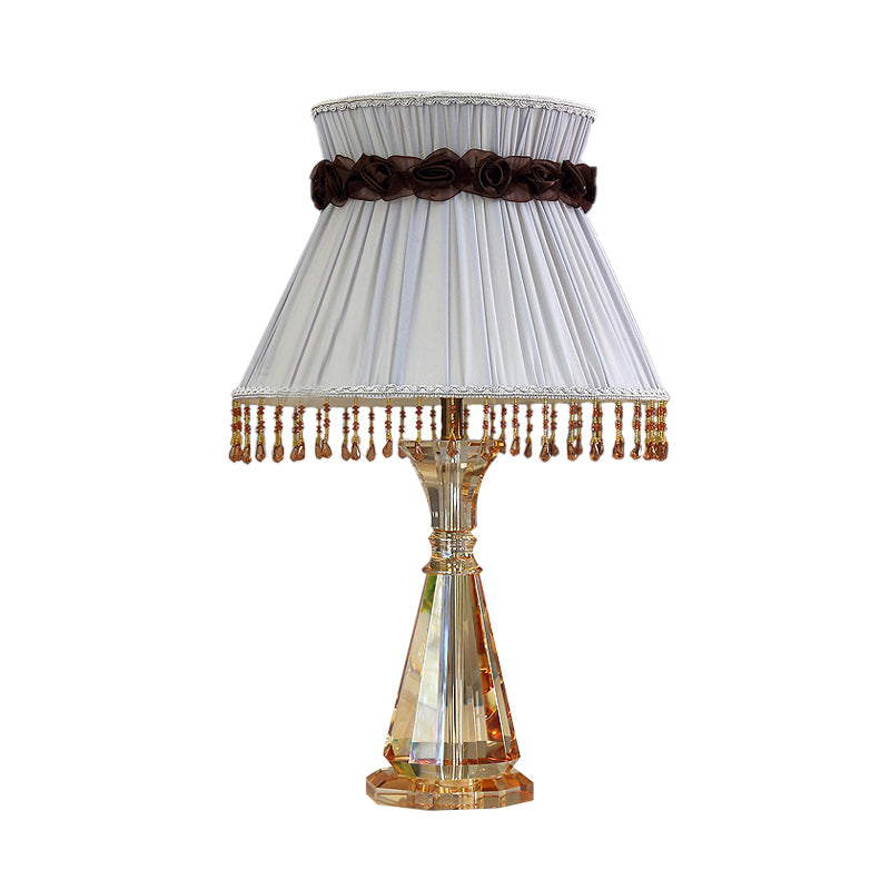 14"/15" Wide Cone Fabric Night Light Traditional Single Light Bedroom Nightstand Lamp in Grey with Crystal Accent Clearhalo 'Lamps' 'Table Lamps' Lighting' 325886