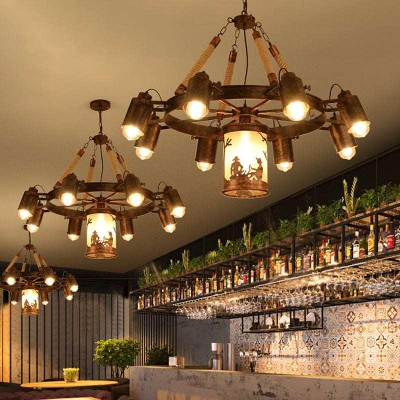 7/9 Lights Wheel Chandelier Lighting Antique Rust Metal Pendant Light Fixture for Restaurant Clearhalo 'Cast Iron' 'Ceiling Lights' 'Chandeliers' 'Industrial Chandeliers' 'Industrial' 'Metal' 'Middle Century Chandeliers' 'Rustic Chandeliers' 'Tiffany' Lighting' 326721