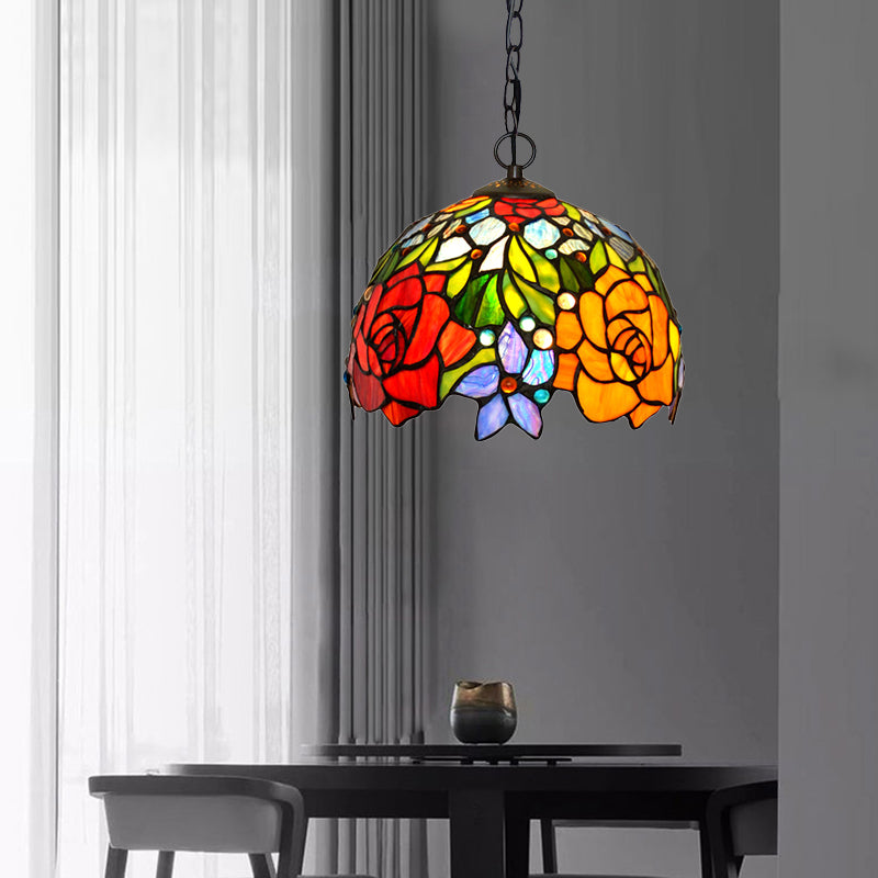 Victorian Floral Chandelier Lamp 1/2/3 Lights Red Cut Glass Pendant Light Fixture for Kitchen, 10"/12"/16" Wide Red 10" Clearhalo 'Ceiling Lights' 'Chandeliers' 'Industrial' 'Middle Century Chandeliers' 'Tiffany Chandeliers' 'Tiffany close to ceiling' 'Tiffany' Lighting' 327035