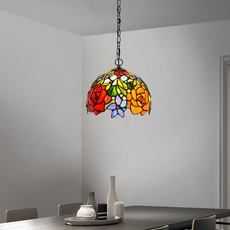 Victorian Floral Chandelier Lamp 1/2/3 Lights Red Cut Glass Pendant Light Fixture for Kitchen, 10"/12"/16" Wide Clearhalo 'Ceiling Lights' 'Chandeliers' 'Industrial' 'Middle Century Chandeliers' 'Tiffany Chandeliers' 'Tiffany close to ceiling' 'Tiffany' Lighting' 327037