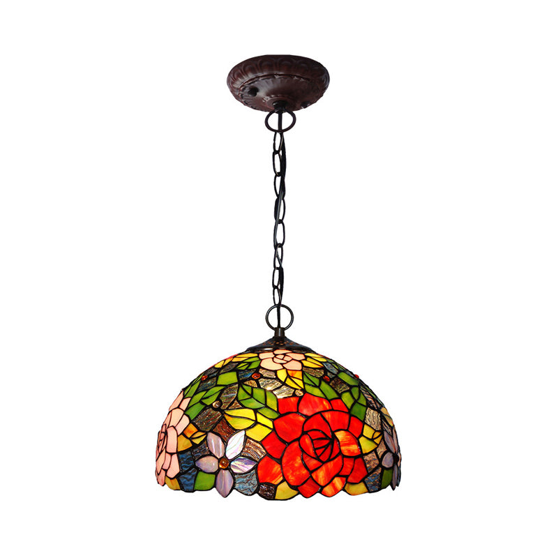 Victorian Floral Chandelier Lamp 1/2/3 Lights Red Cut Glass Pendant Light Fixture for Kitchen, 10"/12"/16" Wide Red 12" Clearhalo 'Ceiling Lights' 'Chandeliers' 'Industrial' 'Middle Century Chandeliers' 'Tiffany Chandeliers' 'Tiffany close to ceiling' 'Tiffany' Lighting' 327040