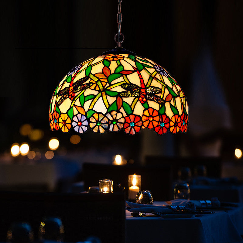2 Lights Hanging Chandelier Mediterranean Dragonfly Red/Green/Purple Cut Glass Pendant Light Kit Clearhalo 'Ceiling Lights' 'Chandeliers' 'Industrial' 'Middle Century Chandeliers' 'Tiffany Chandeliers' 'Tiffany close to ceiling' 'Tiffany' Lighting' 327277